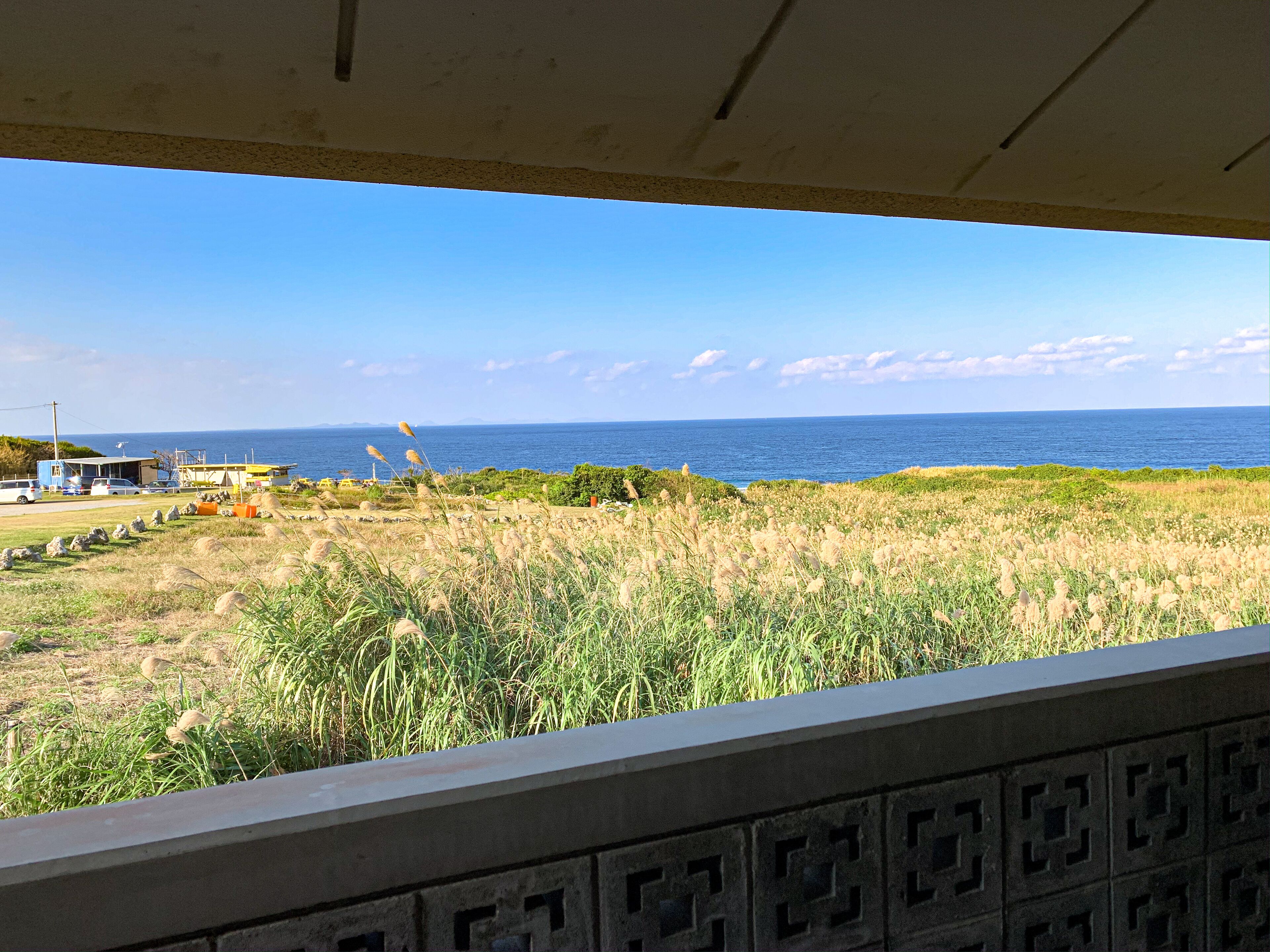 A coastal view from a covered area with a view of the sea and a grassy field.
