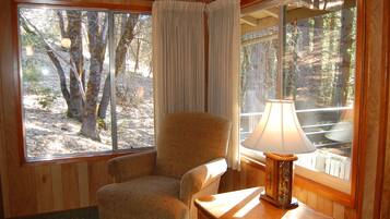 Flat-screen TV, fireplace, DVD player, books