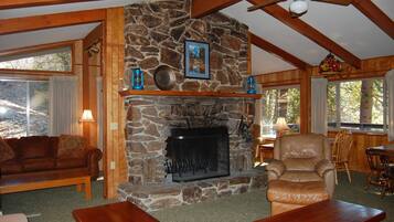 Flat-screen TV, fireplace, DVD player, books