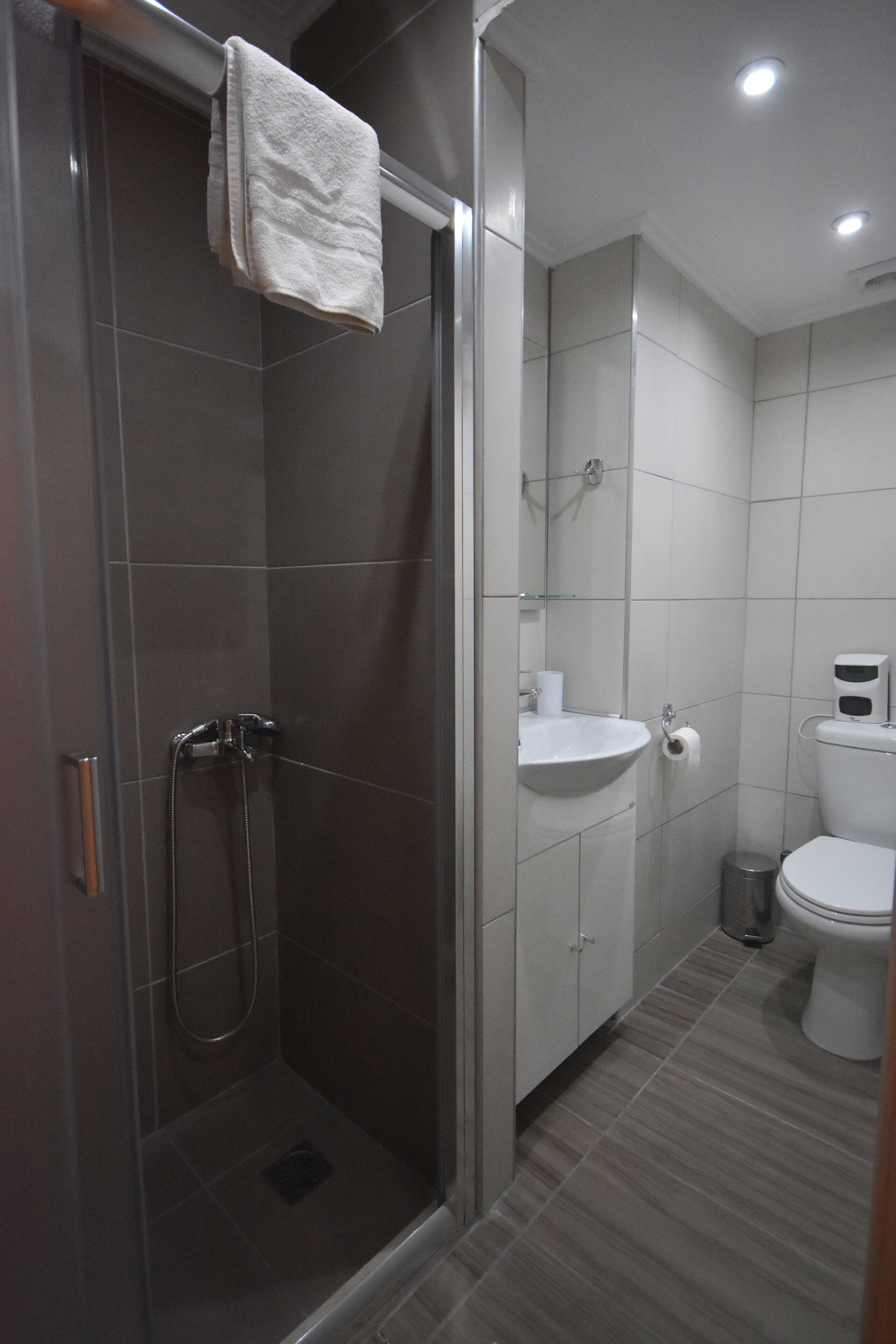 A modern bathroom with a glass-enclosed shower, a white sink, and a toilet.