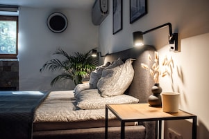 Estudio, 1 cama doble, vistas al jardín | Caja fuerte, cortinas opacas, tabla de planchar con plancha