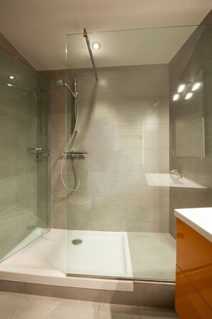 Dusche, Haartrockner, Handtücher, Seife