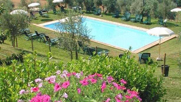 Una piscina circondata da sedie a sdraio e ombrelloni su un prato verde, con un aiuola in primo piano.