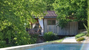 Una cabaña de madera con techo de tejas, rodeada de exuberante vegetación y una piscina.