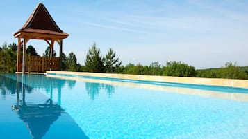 Seasonal outdoor pool, pool umbrellas, pool loungers