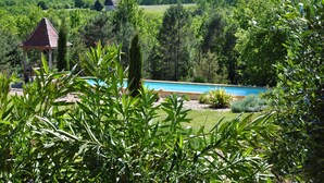 Una piscina rodeada de exuberante vegetación y un pabellón.
