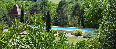 Una piscina rodeada de exuberante vegetación y un pabellón.
