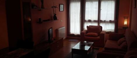 Un salón tenuemente iluminado con un sofá, un sillón y una mesa de centro. Se observa un radiador, un televisor y una estantería con objetos decorativos.