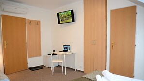 A hotel room with a bed, a desk with a computer, a TV on the wall, and two wardrobes. - Vila Bohemia (Prague)