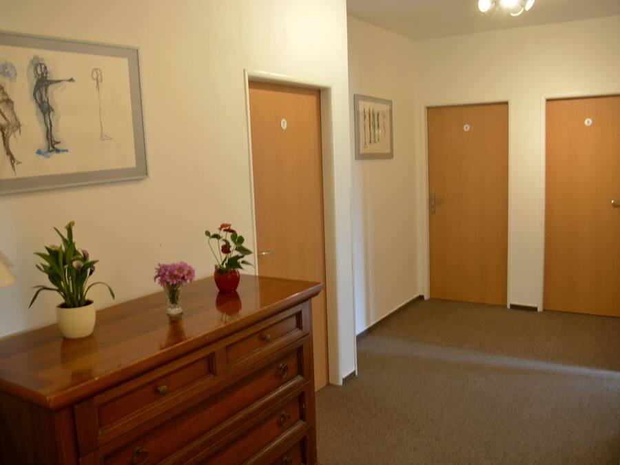 A hallway with a wooden dresser, a framed artwork, and three closed doors.