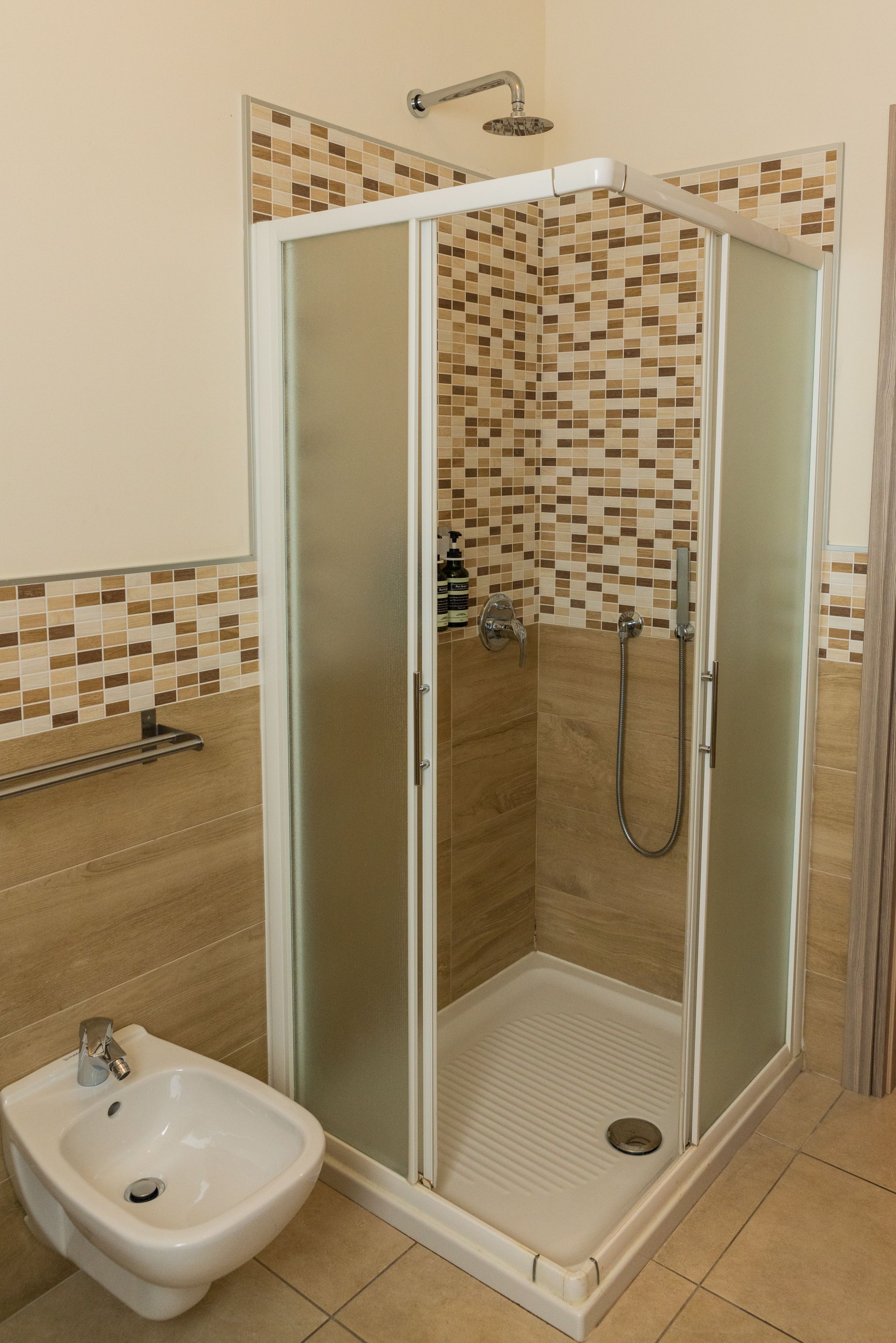 Eine barrierefreie Dusche mit Glastür, Duschbrausehandstück und integriertem Bidet.