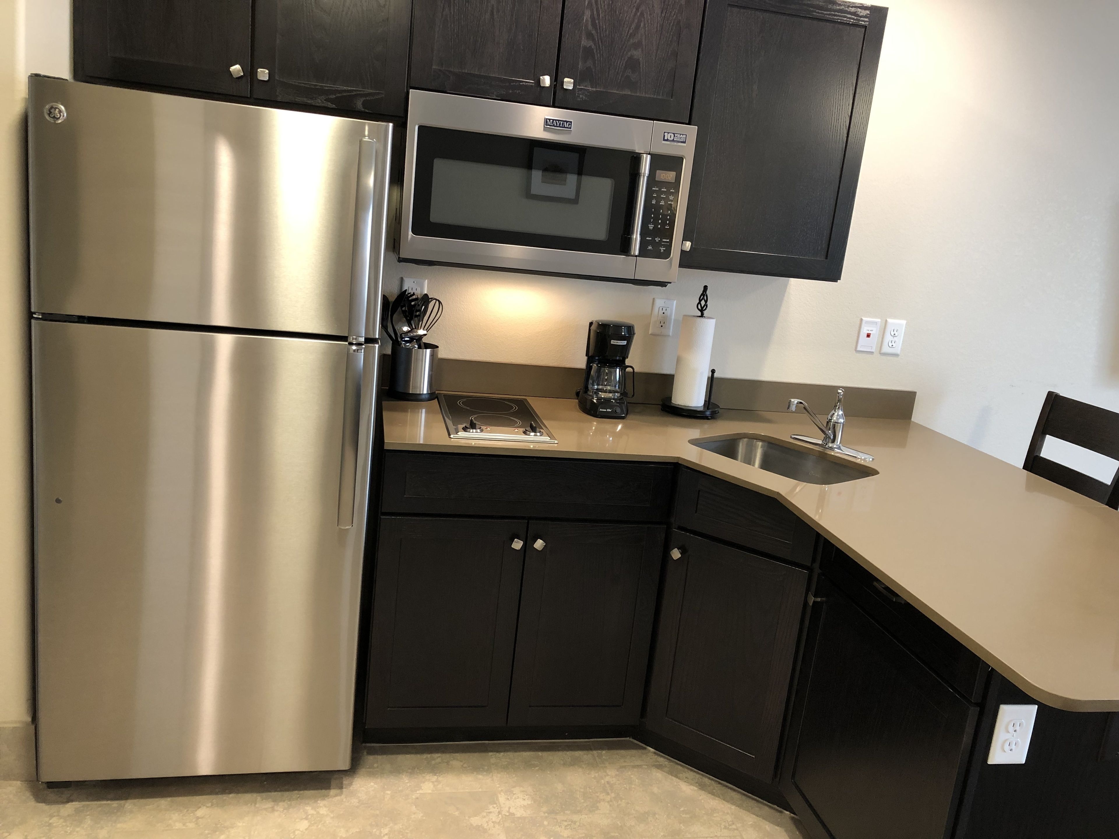 standard 2 queen room | private kitchenette | full-sized fridge, microwave, stovetop, coffee/tea maker