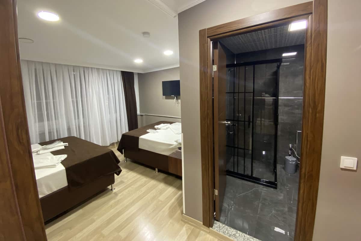 A hotel room with two beds, a shower, and a television.