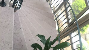 A spiral staircase with a metal railing, leading to a room with large windows and a potted plant. - Cunda Mira Butik Otel (Ayvalik)