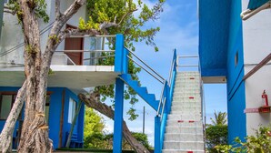 Un bâtiment moderne avec des escaliers et des rampes bleus, un arbre et une zone herbeuse.