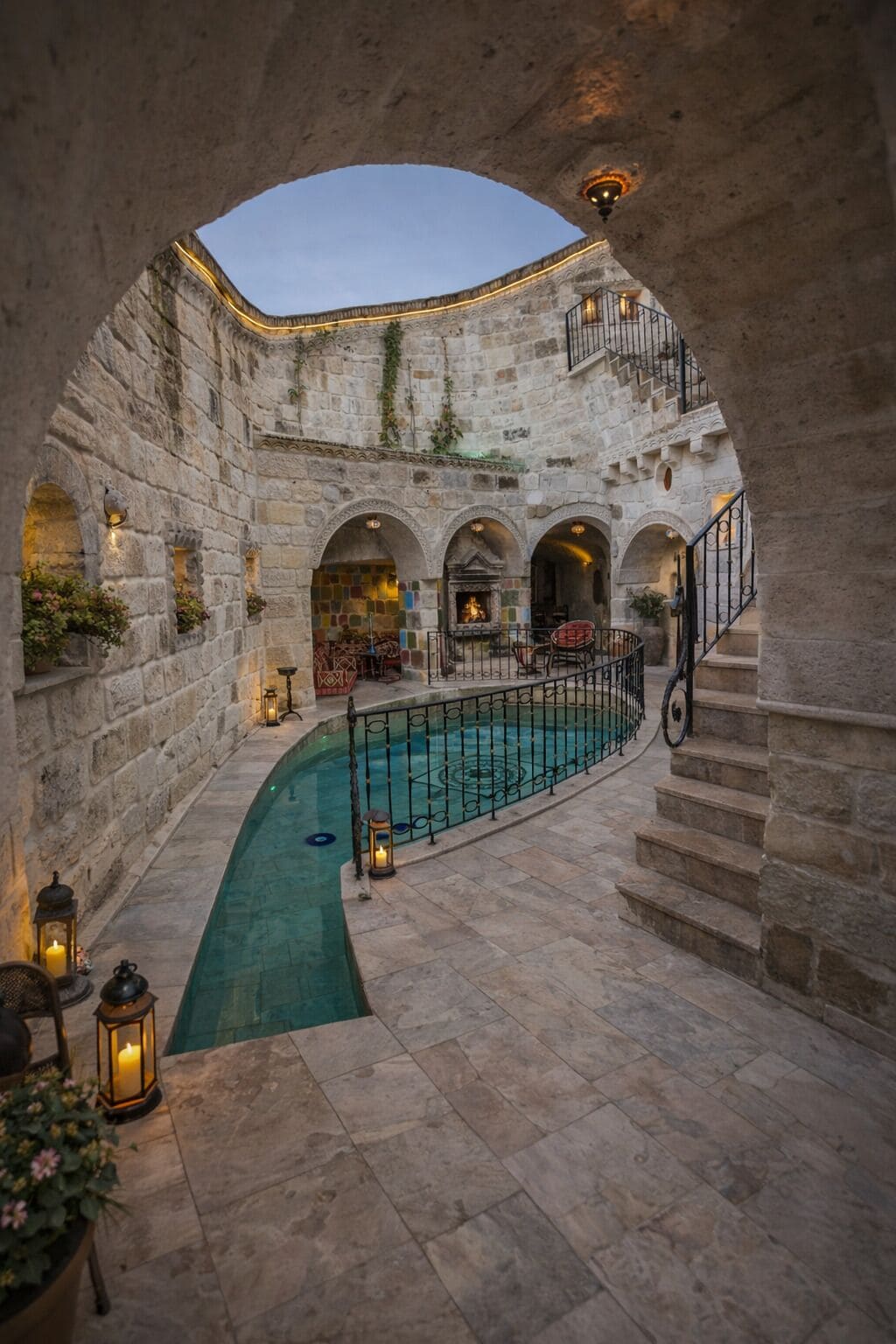 Un patio con piscina, paredes de piedra y arcos.