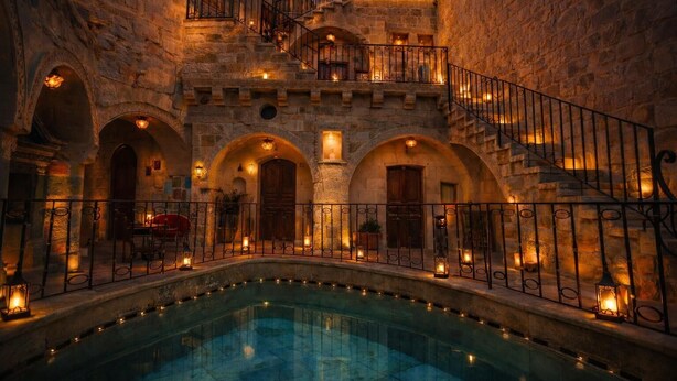 A stone building with a pool, arched doorways, and a staircase leading to a balcony. - Royal Cave Hotel (Ürgüp)