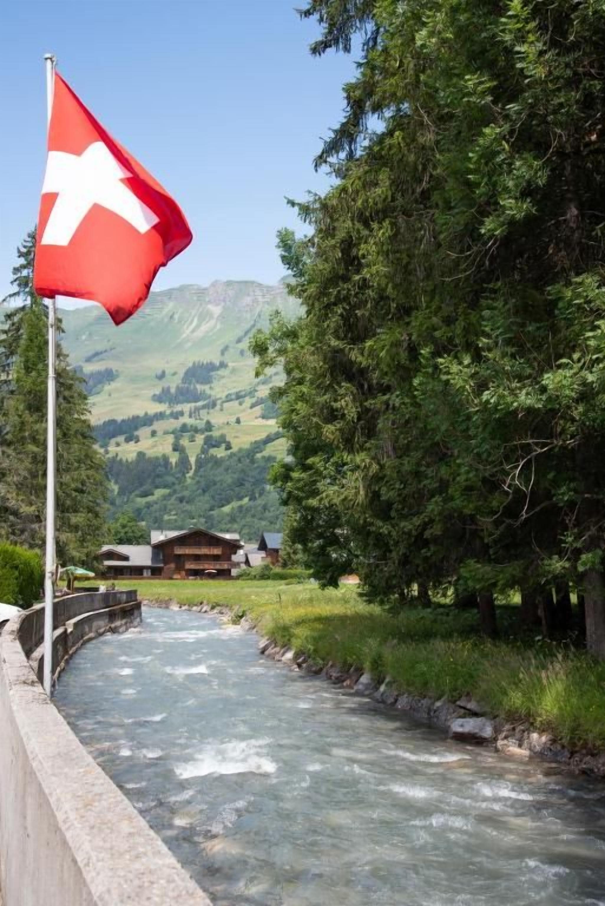 Un río serpentea por una zona boscosa con una bandera suiza, una casa de madera y montañas al fondo.
