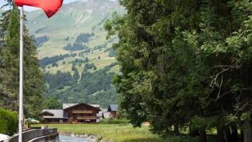 Ein Fluss fließt durch ein bewaldetes Gebiet, im Hintergrund sind Berge und eine Schweizer Flagge zu sehen. Am Ufer steht ein Holzhaus.