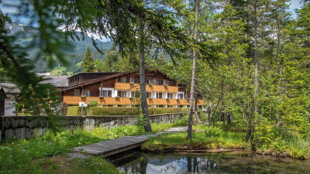 A wooden chalet with a balcony, surrounded by lush greenery and a small pond. - Hôtel Les Sources (Ormont-Dessus)