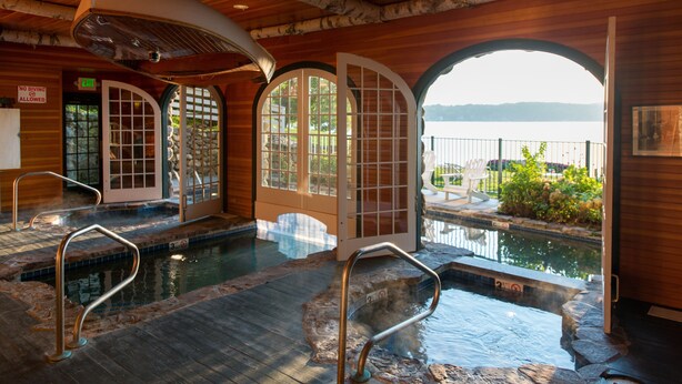 Interior de madera con piscina, ventanas arqueadas y vistas a un lago.