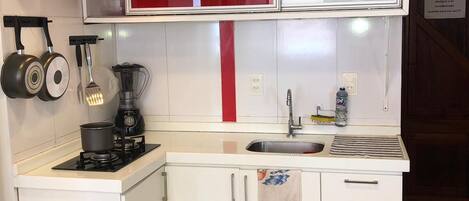 Fridge, stovetop, blender, cookware/dishes/utensils