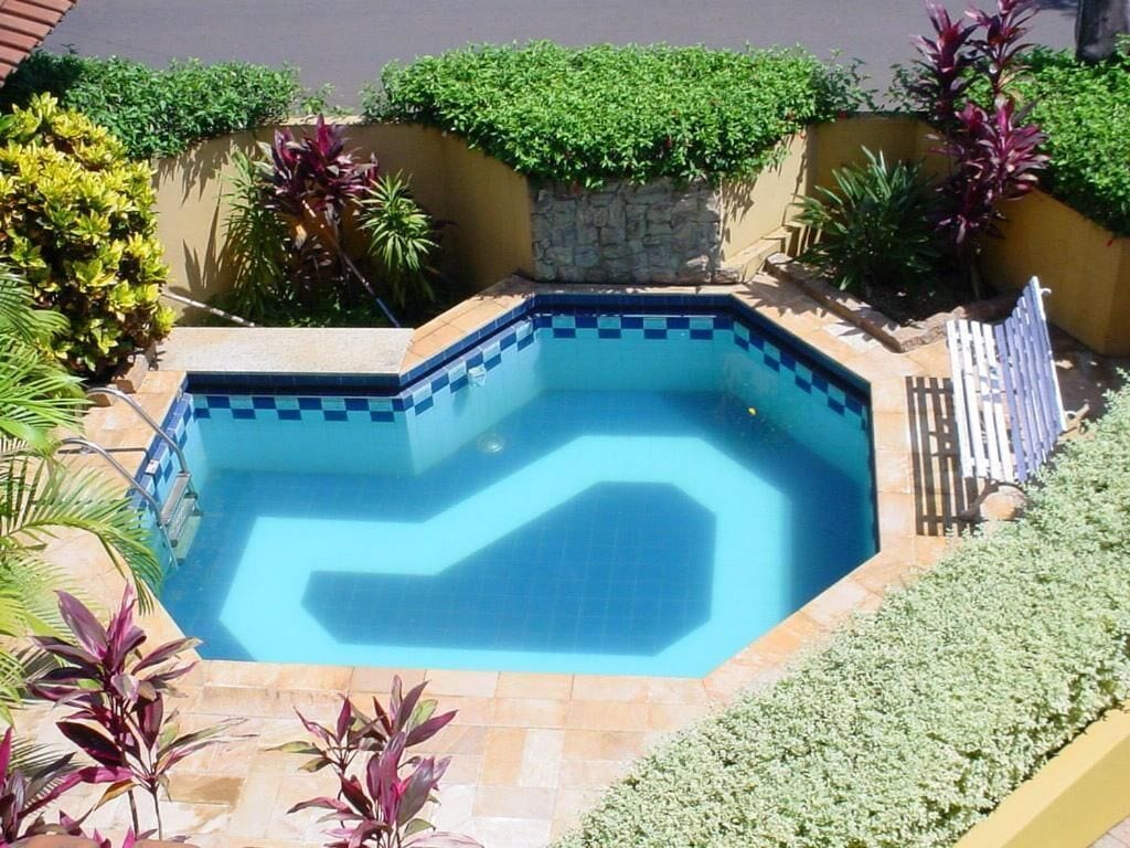 A rectangular swimming pool with a blue tiled interior, surrounded by various plants and a stone wall.