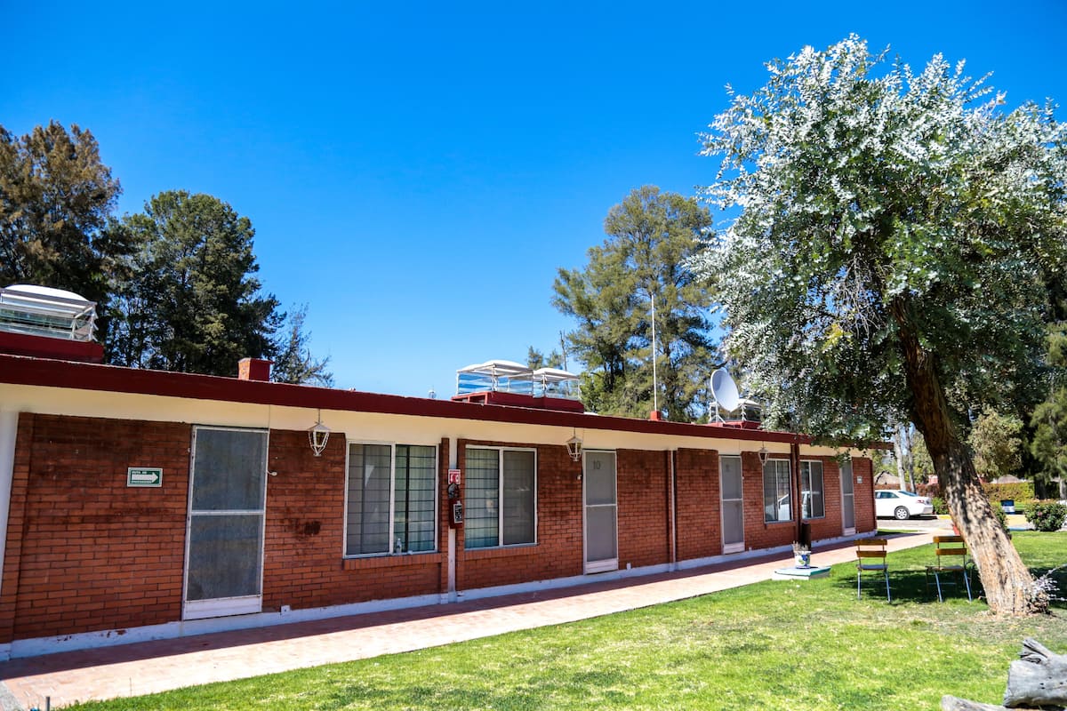 A row of single-story brick motel rooms with a covered walkway, a satellite dish, and a tree in the foreground.