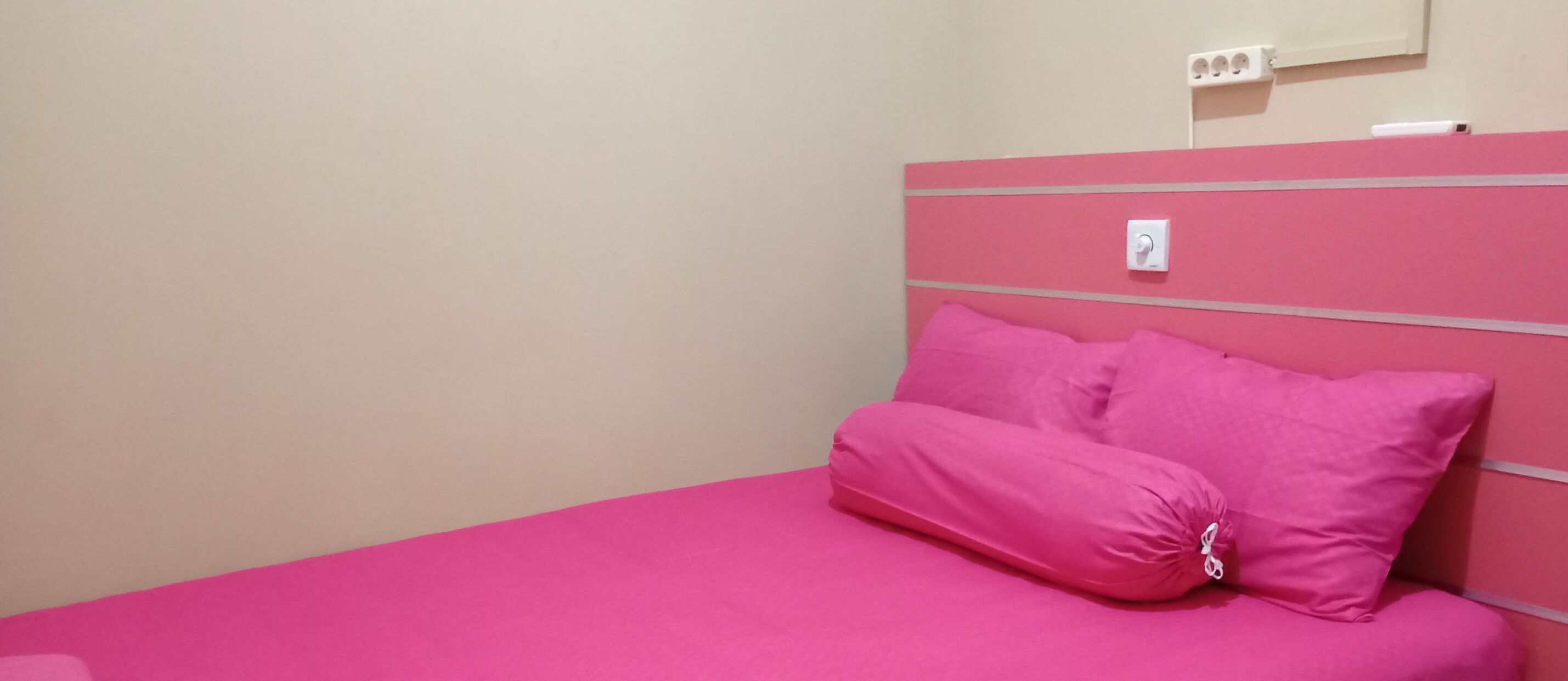 Een kamer met een roze bed, een wit paneel en een beigekleurige muur.