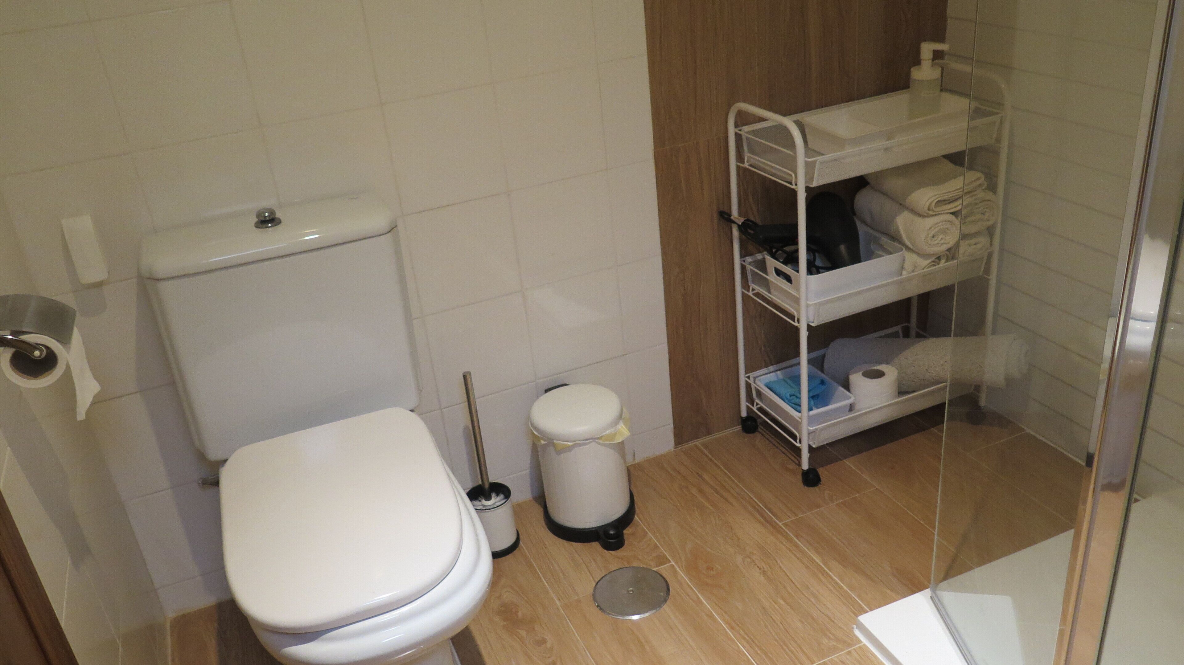 Een kleine badkamer met toilet, een prullenbak, een dweil en een opslagkarretje met handdoeken.