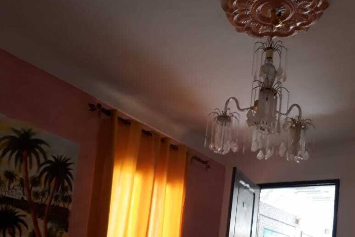 Una habitación con cama, una silla, un cuadro de palmeras, una araña y una puerta que da al exterior.