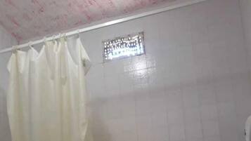 Duschwanne, Haartrockner, Handtücher, Seife