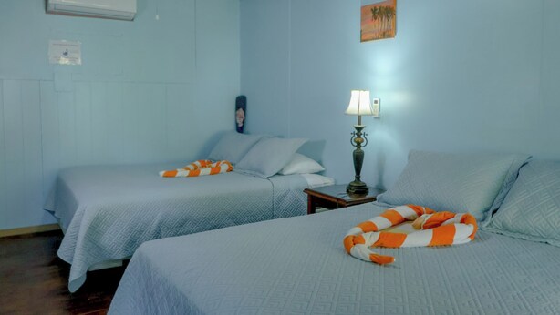 A room with two beds, a nightstand, a lamp, and a painting on the wall. - Reef House (Roatan)