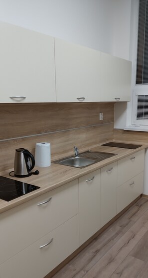 Kühlschrank, Mikrowelle, Grillplatte, Kochgeschirr/Geschirr/Besteck