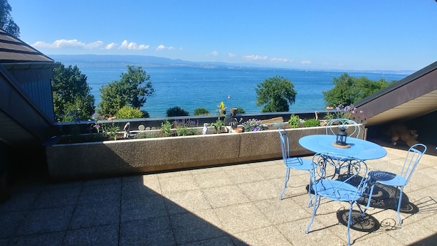 Eine Terrasse mit Meerblick, einem Tisch, Stühlen und Blumentöpfen.