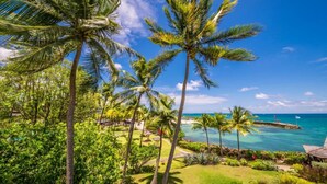 Um resort tropical com palmeiras, uma praia e vista para o oceano.