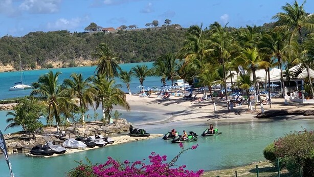 Um resort à beira-mar com vista desimpedida para o oceano, palmeiras e um cais para barcos.