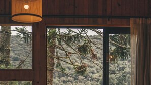 Een houten interieur met een houten terras, uitzicht op een bebost gebied en een groot raam met uitzicht op een meer.
