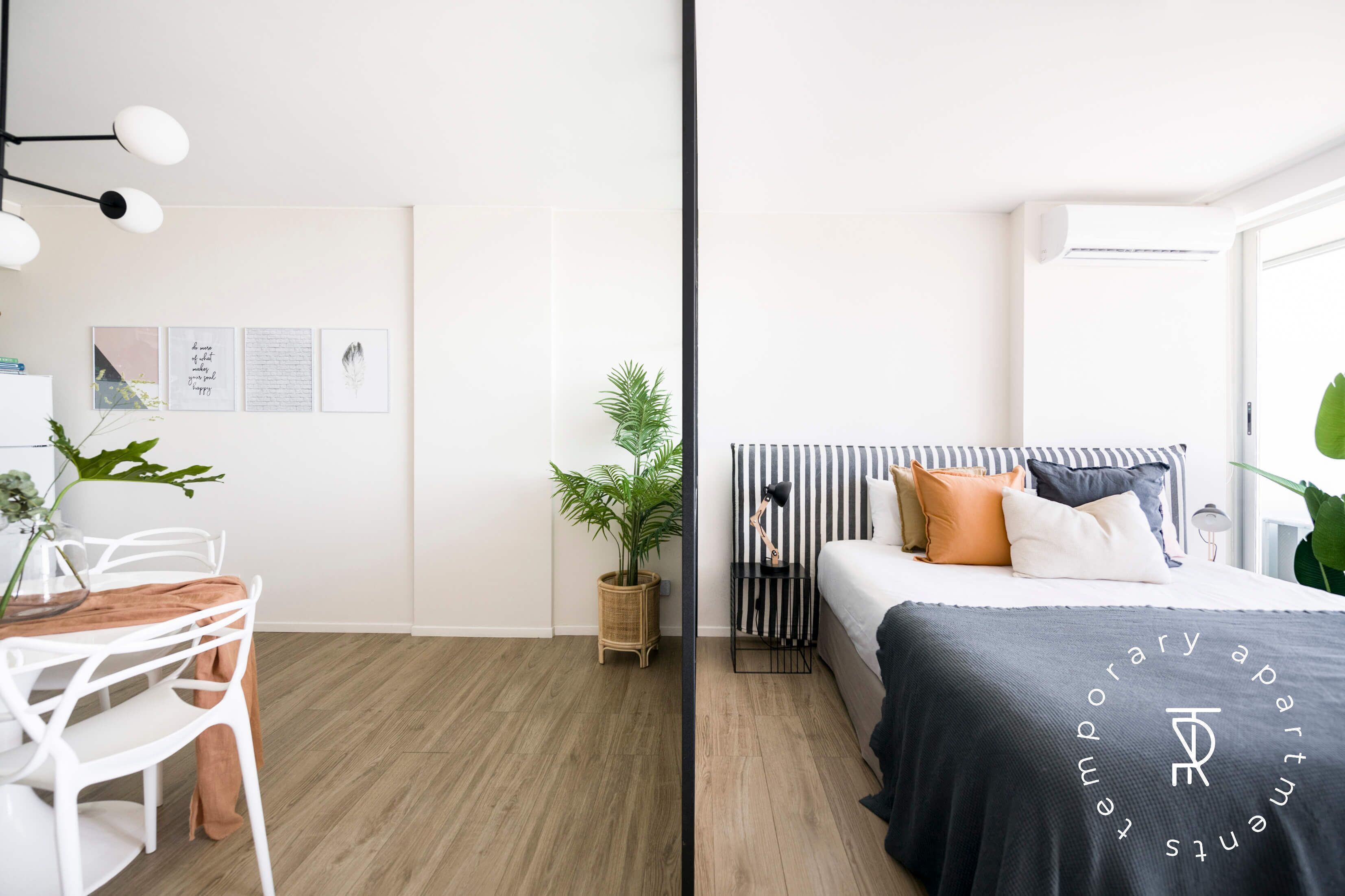 A modern room with a bed, bedside table, lamp, and a potted plant.