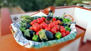 A balcony with a table holding a variety of fresh vegetables and a bottle of olive oil. - Apartment nr. 2 in Villa Daniel, surrounded by greenery in VIESTE Gargano in P. (Vieste)