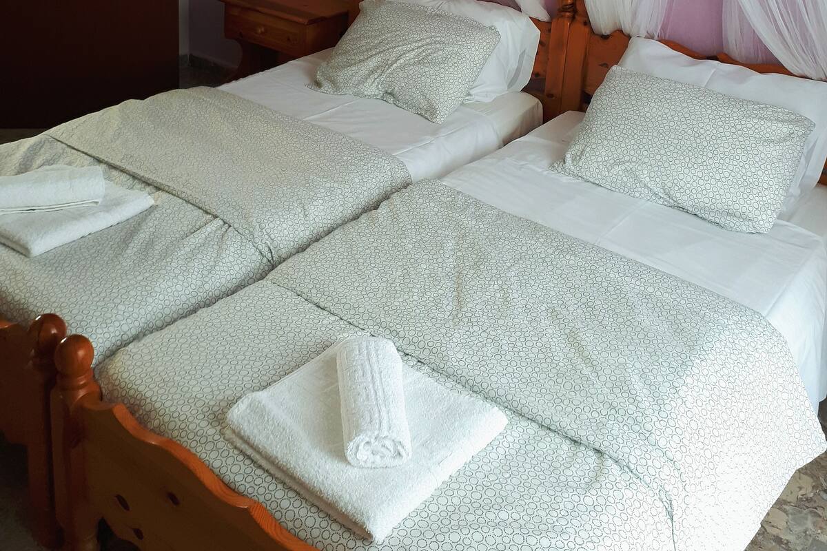 A double bed with a canopy, a wooden headboard, and a bedside table with a lamp.