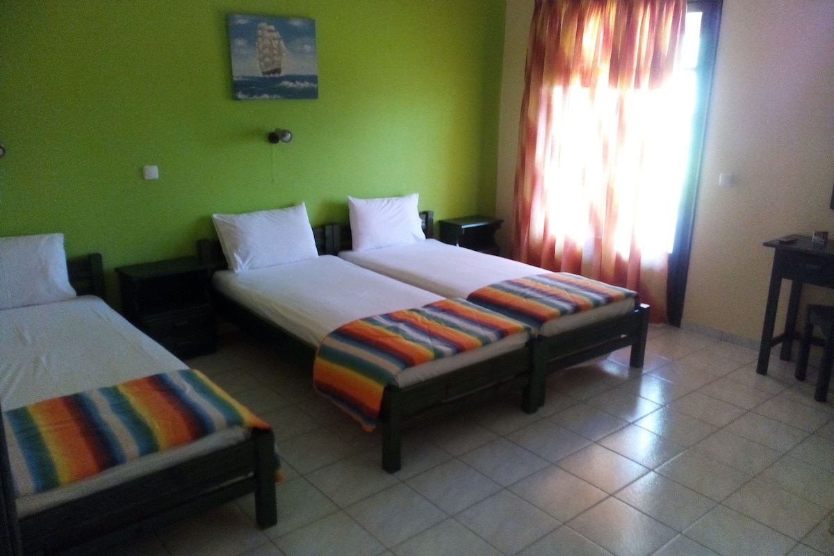 Habitación con dos camas, una pared verde, una ventana con cortinas y una mesita.