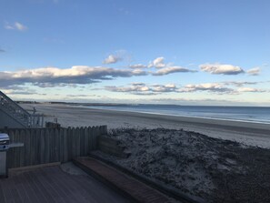On the beach, sun-loungers, beach towels