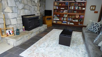 Smart TV, fireplace, DVD player, books