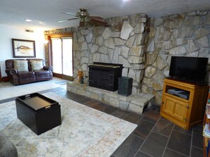 Smart TV, chimenea, reproductor de DVD, libros