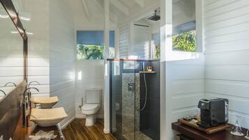 Shower, free toiletries, hair dryer, bathrobes