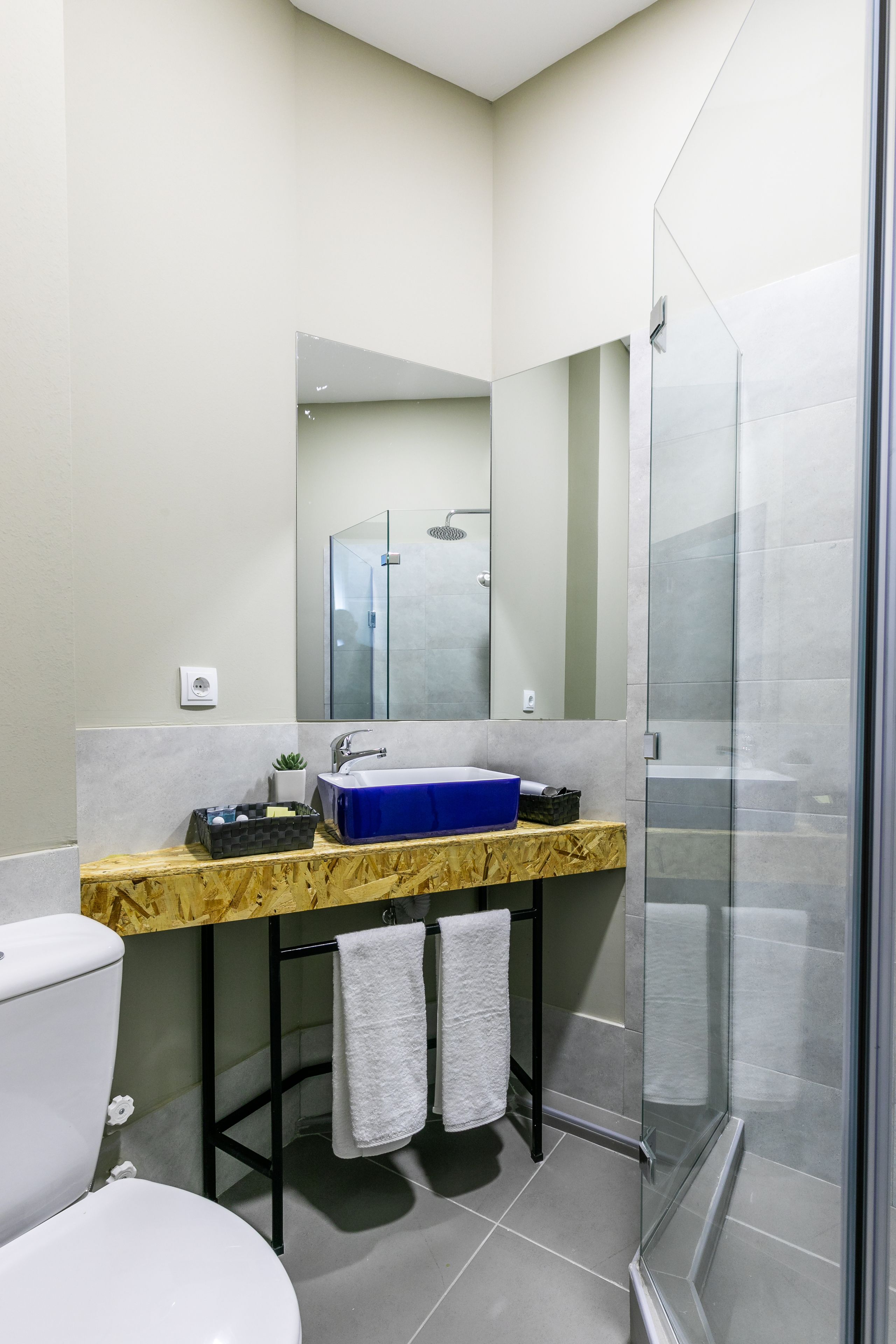 A modern bathroom with a glass shower enclosure, a white toilet, a blue sink, and a mirror above the sink.