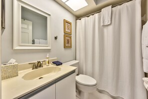 A bathroom with a large mirror, a sink with a soap dispenser, a toilet, and a shower curtain. - Ferentino Vacation Rental by NFVH (Naples)