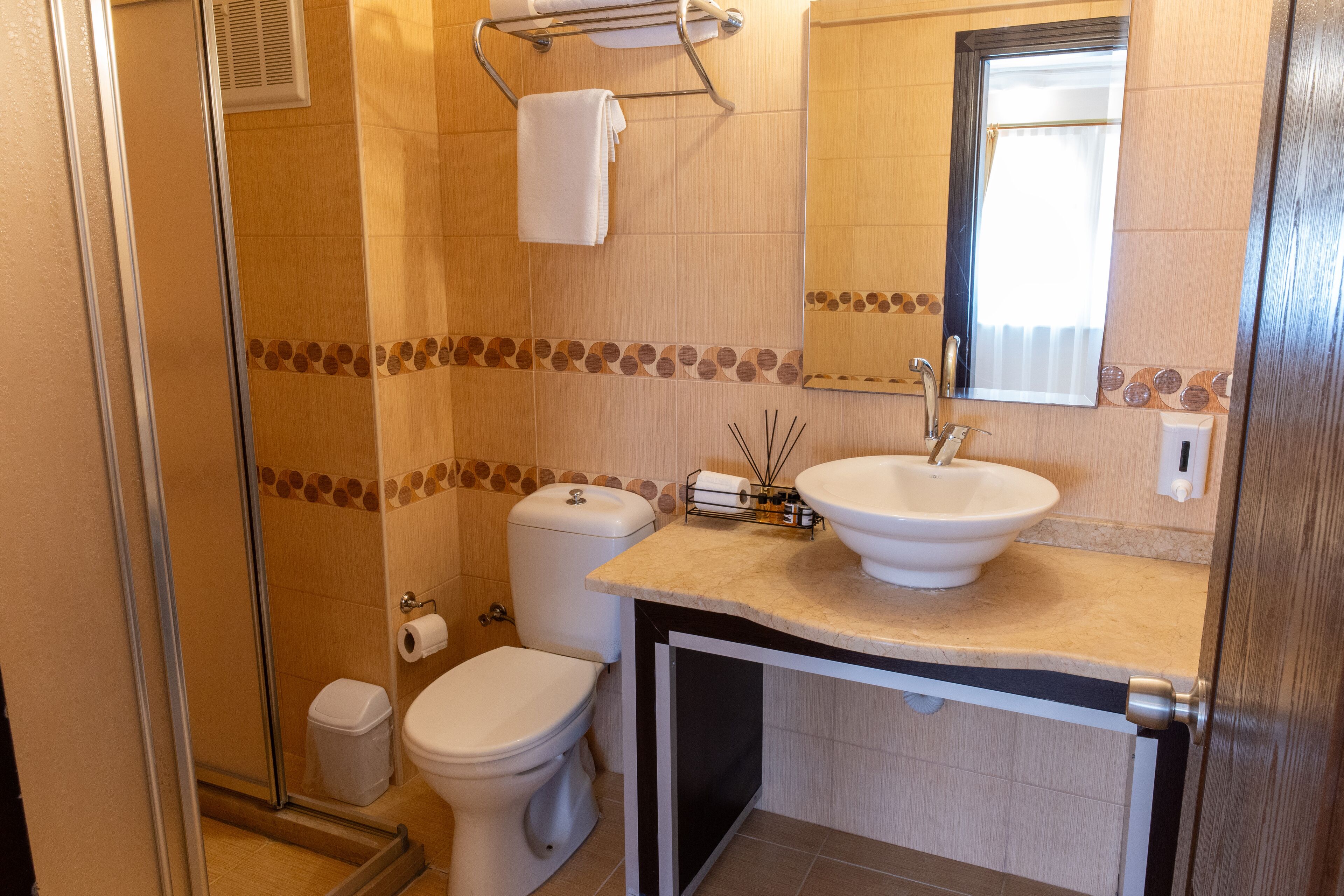 family quadruple room | bathroom | shower, rainfall showerhead, hair dryer, slippers