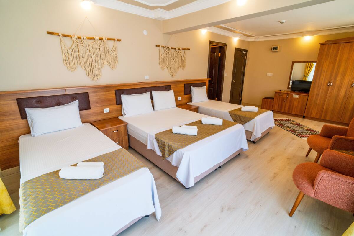 A hotel room with three beds, wooden headboards, and a television in the corner.